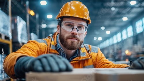 A focused warehouse worker wearing an orange safety jacket and helmet inspects a stack of wooden pallets, showcasing dedication and attention to safety in a bustling industrial env photo