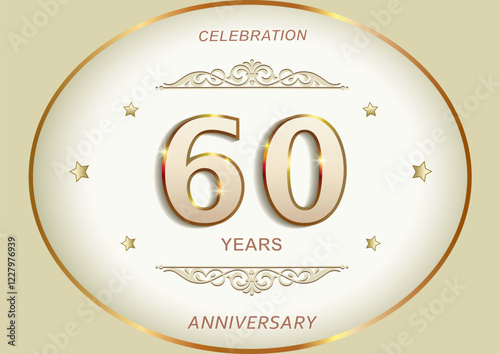 60 years anniversary celebration, greeting card, festive background with jubilee numerals in golden oval frame with stars and pattern. Vector illustration