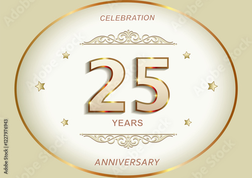 25 years anniversary celebration, greeting card, festive background with jubilee numerals in golden oval frame with stars and pattern. Vector illustration