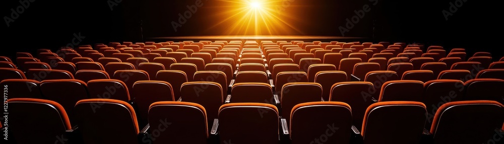 Fototapeta premium Empty theater seats with bright spotlight illuminating stage.