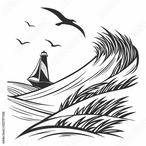 meadow, illustration, grass, nature, vector, plant, in silhouette, backgrounds, black and white, growth, herb, horizon, valley, vertical, abstract, back lit, beauty in nature, fir tree, flower, leaf, 