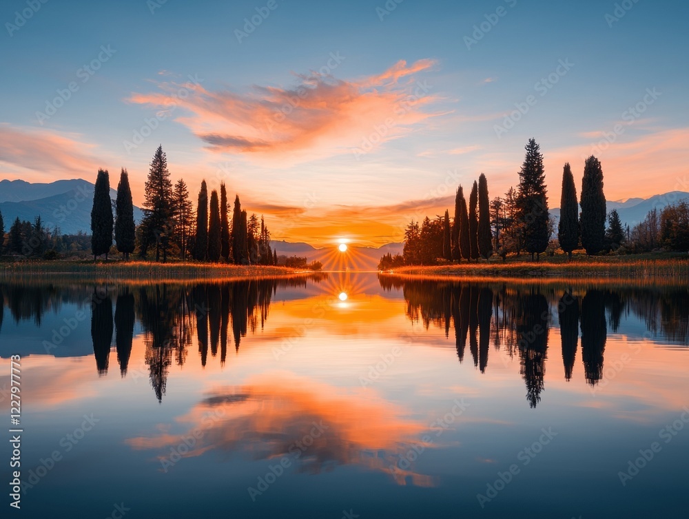 Fototapeta premium A serene sunset reflecting on calm waters surrounded by tall trees, creating a perfect harmony of colors and nature. Ideal for tranquil and peaceful visuals.