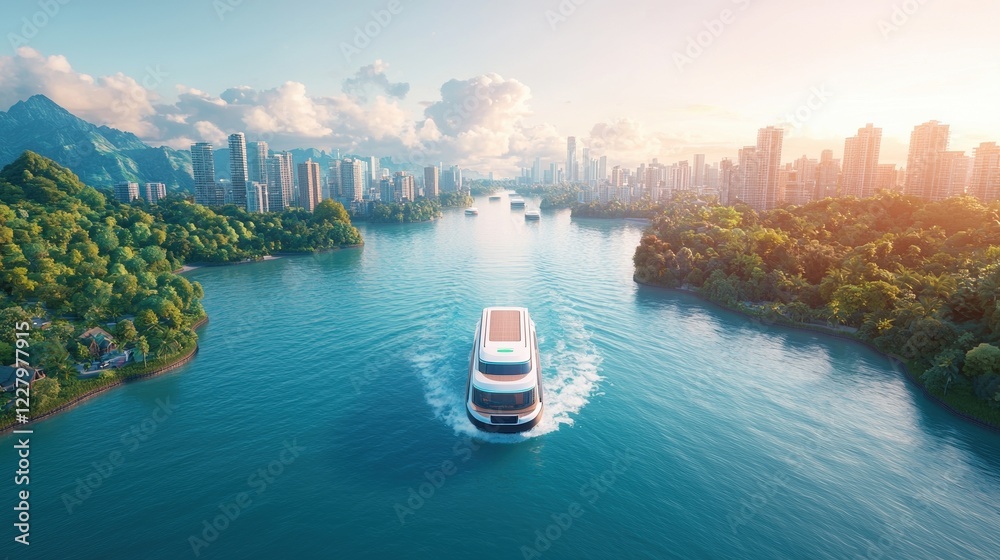 Naklejka premium A stunning aerial view of a luxury boat cruising through a peaceful river surrounded by lush greenery and modern skyscrapers