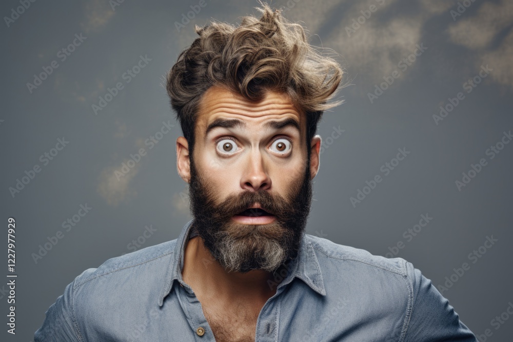 Fototapeta premium Uncertain Young Bearded Man with Messy Beard and Moustache on Attractive Background. Unsatisfied Adult Seeking Barber Help