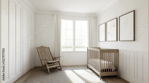Nursery room with crib, rocking chair, and sunlight.