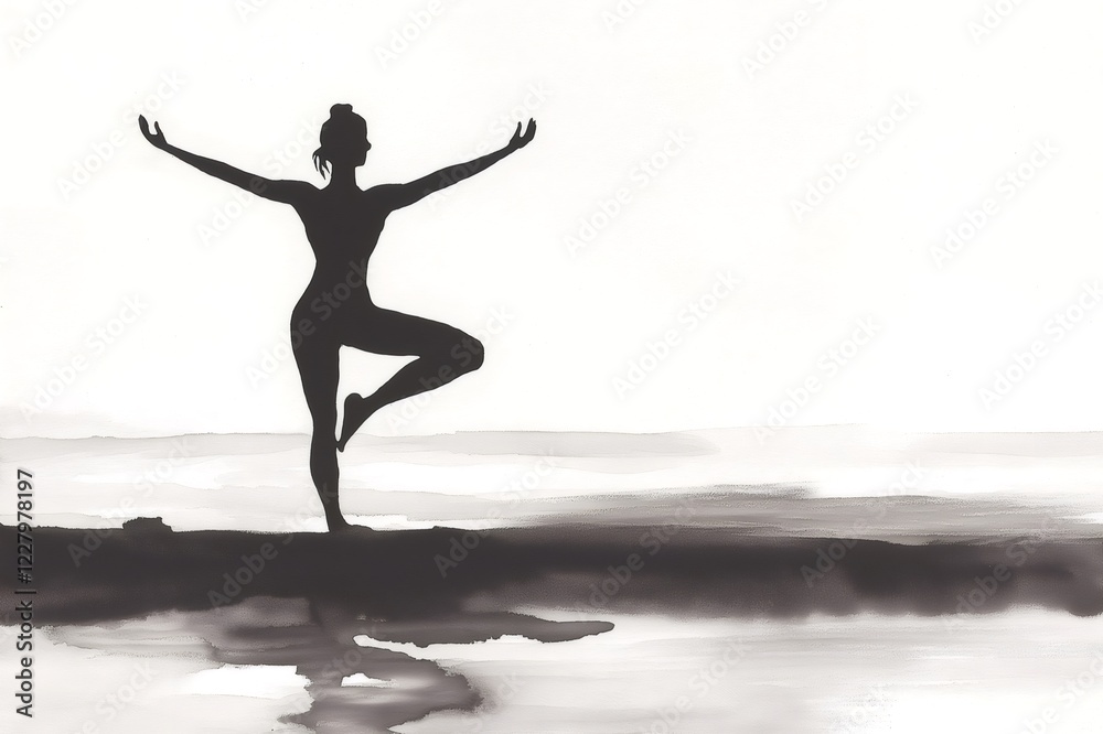 Silhouette of a woman practicing yoga at sunrise on the beach, minimalist ink sketch, black and white Silhouette of a woman practicing yoga at sunrise on the beach, minimalist ink sketch, black and white