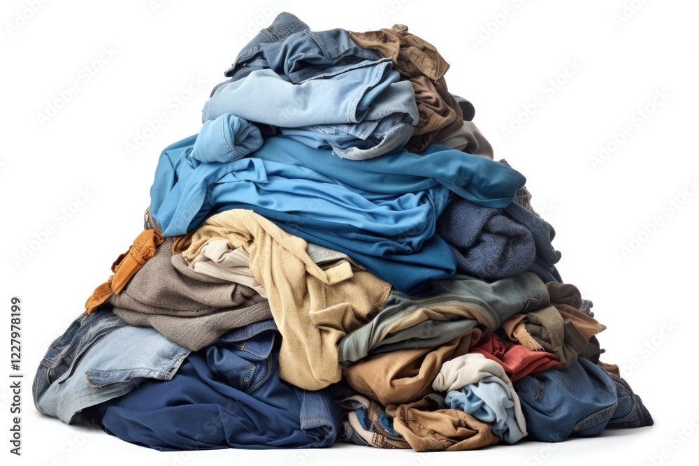 Used Clothes Donation Pile - Stack of Second-hand Old Blue Clothing Isolated on White Background Used Clothes Donation Pile - Stack of Second-hand Old Blue Clothing Isolated on White Background
