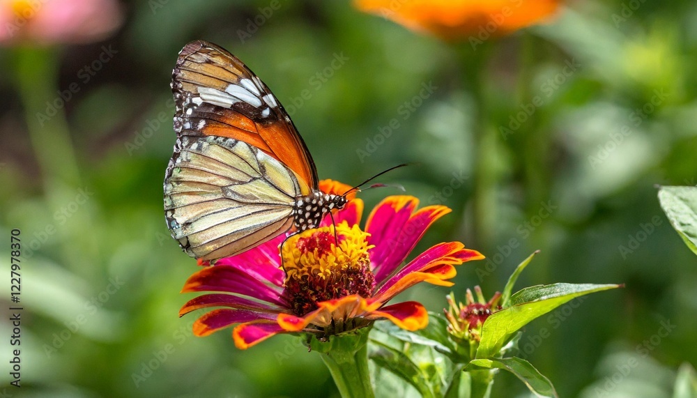 A close-up of a vibrant butterfly resting on a colorful flower in a sunlit garden, showcasing the beauty of nature. A close-up of a vibrant butterfly resting on a colorful flower in a sunlit garden, showcasing the beauty of nature.