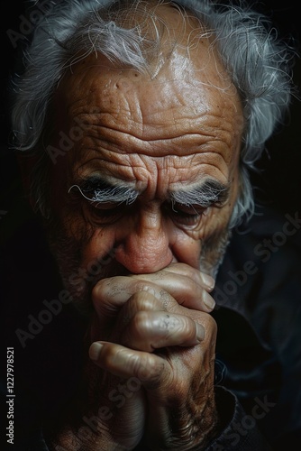 An Elderly man with a sorrowful expression eyes closed
