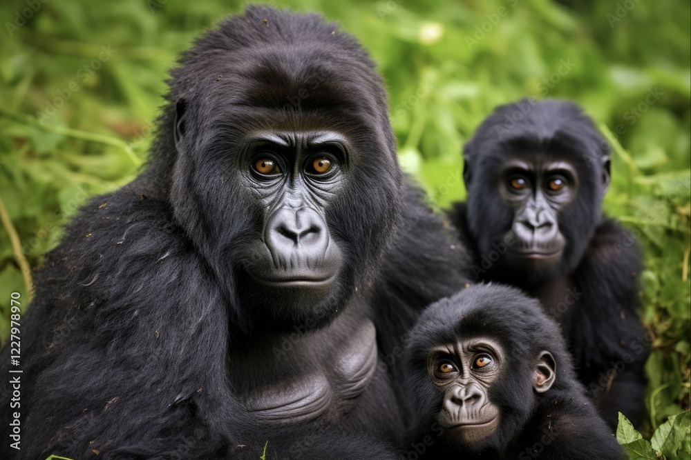 Obraz premium Virunga Family: Adorable Baby Gorilla with Mother and Father in Green Congo Jungle