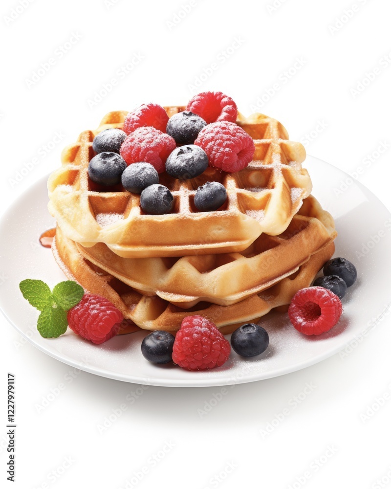 Waffle Breakfast on a White Plate - Isolated and Delicious with Homemade Whole Wheat Waffle from Waffle Maker in the Photo Waffle Breakfast on a White Plate - Isolated and Delicious with Homemade Whole Wheat Waffle from Waffle Maker in the Photo