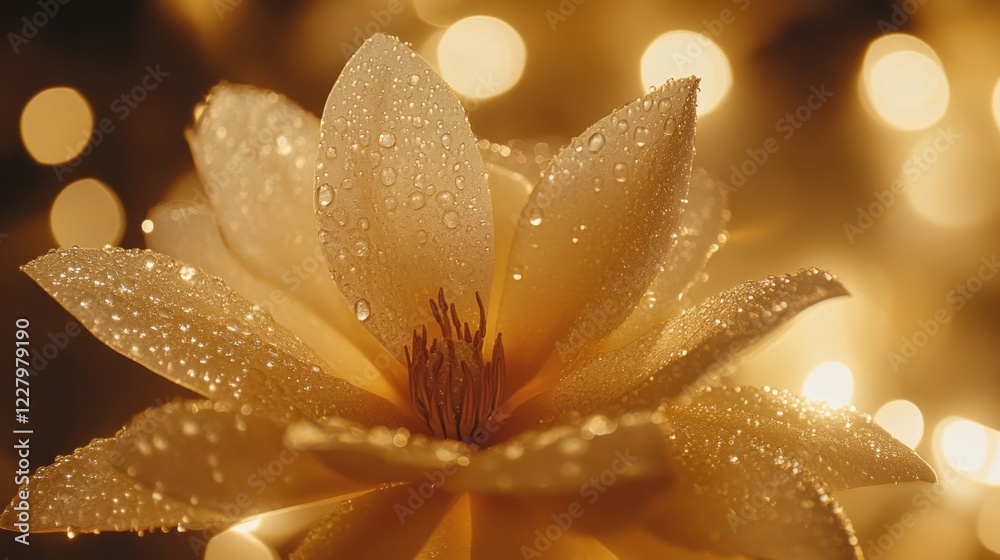 Fototapeta premium Dewdrops Adorn Golden Magnolia Blossom Lights Background