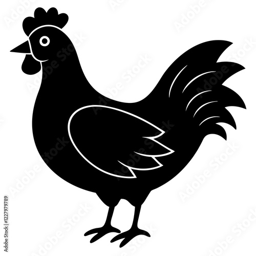 Cute Chicken Line Art Silhouette Black Vector Carton Illustration