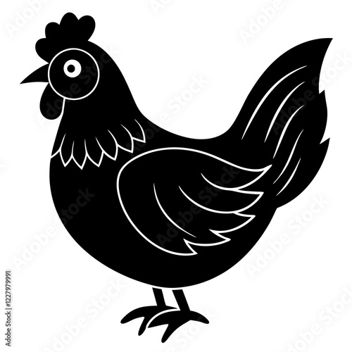 Cute Chicken Line Art Silhouette Black Vector Carton Illustration