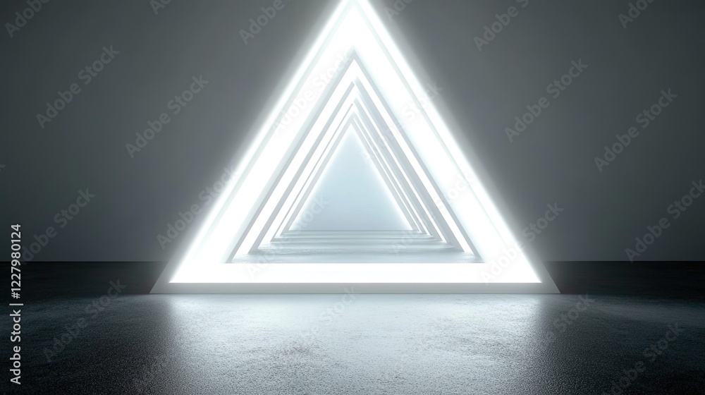 Obraz premium A white triangle in the center of an empty room with symmetrical lines and bright lighting, creating a futuristic minimalist background. 