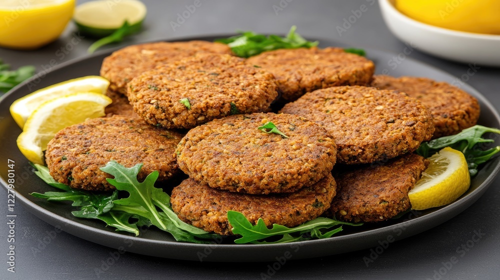Cod fish cakes are presented on a plate with fresh arugula and lemon, complemented by a creamy sauce, highlighting vibrant colors Cod fish cakes are presented on a plate with fresh arugula and lemon, complemented by a creamy sauce, highlighting vibrant colors