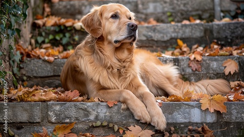 A Golden retrieved lies on a stone staircase covered photo