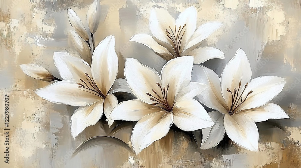 Abstract white flowers painting, on a beige background. The painting depicts white lilies with a beige and grey color palette, featuring visible brush strokes in oil paint Abstract white flowers painting, on a beige background. The painting depicts white lilies with a beige and grey color palette, featuring visible brush strokes in oil paint