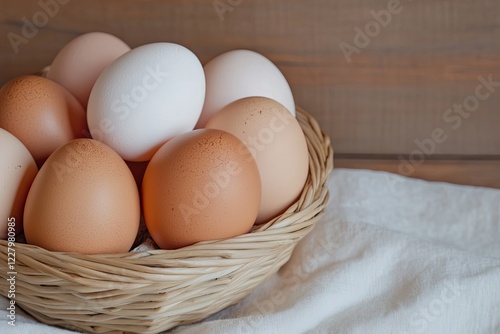 detailed view of wicker basket filled with fresh farm eggs placed on linen cloth with rustic wood backdrop