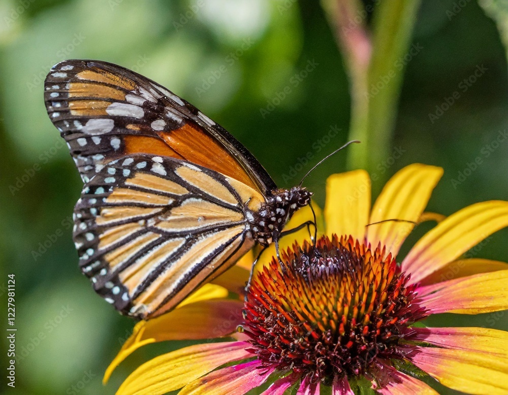 A close-up of a vibrant butterfly resting on a colorful flower in a sunlit garden, showcasing the beauty of nature. A close-up of a vibrant butterfly resting on a colorful flower in a sunlit garden, showcasing the beauty of nature.