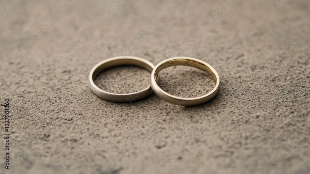 Two wedding rings lie intertwined on a textured surface. Two wedding rings lie intertwined on a textured surface.