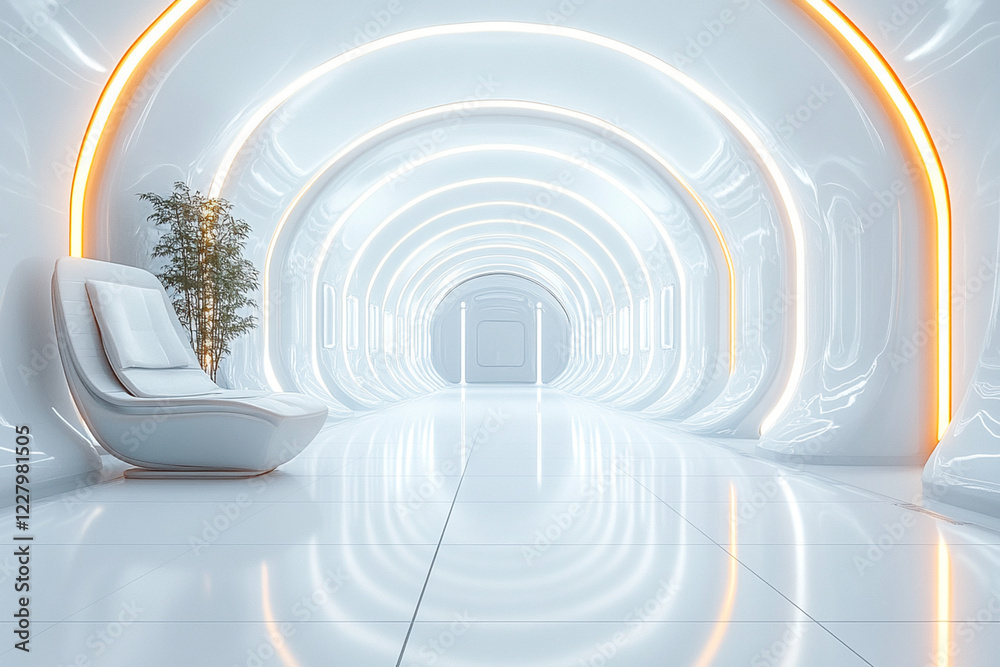 Obraz premium Modern white hallway with glowing lights and a comfortable chair in a futuristic setting