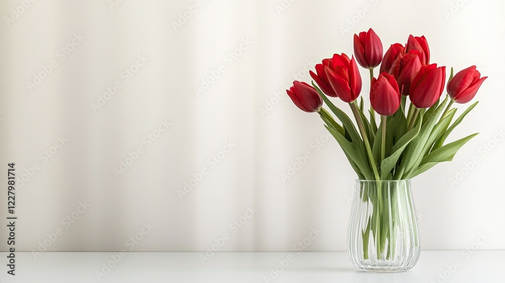crystal-clear vase with fresh red tulips on pristine surface framed by soft natural light