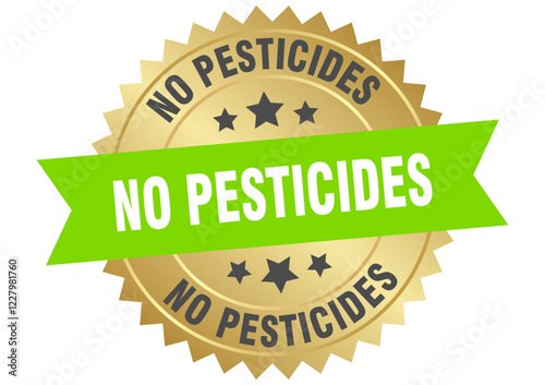 no pesticides. no pesticides round green and gold label isolated on transparent background