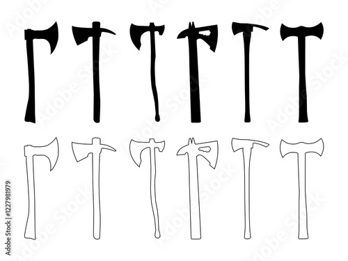 Axe outline vector. Axe silhouette for your website design, logo, app, and UI. Set of axe silhouettes on a white background.