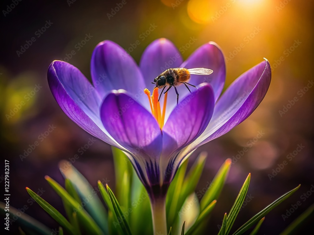 Fototapeta premium Low Light Violet Crocus with Fly - Delicate Spring Macro Photography