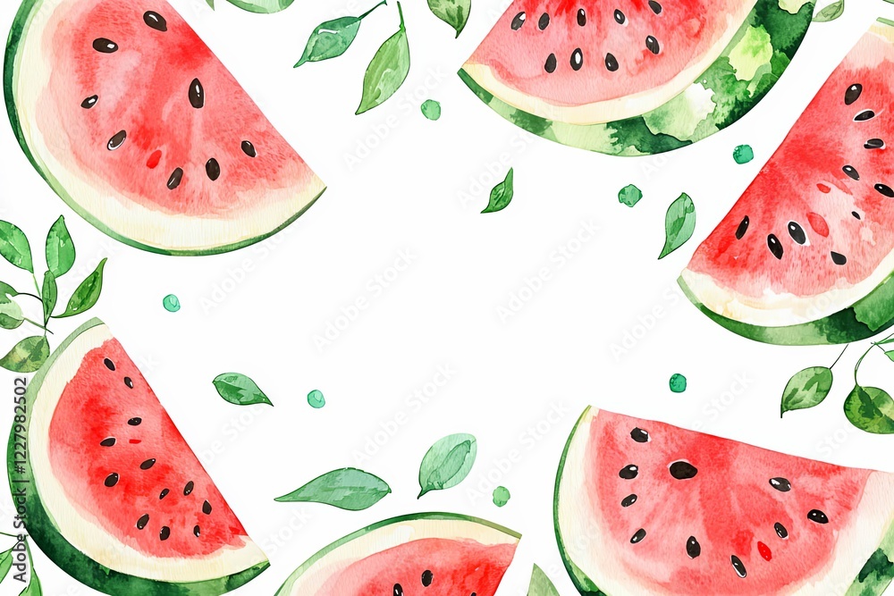 Watercolor frame template with watermelon slices. Watercolor frame template with watermelon slices.