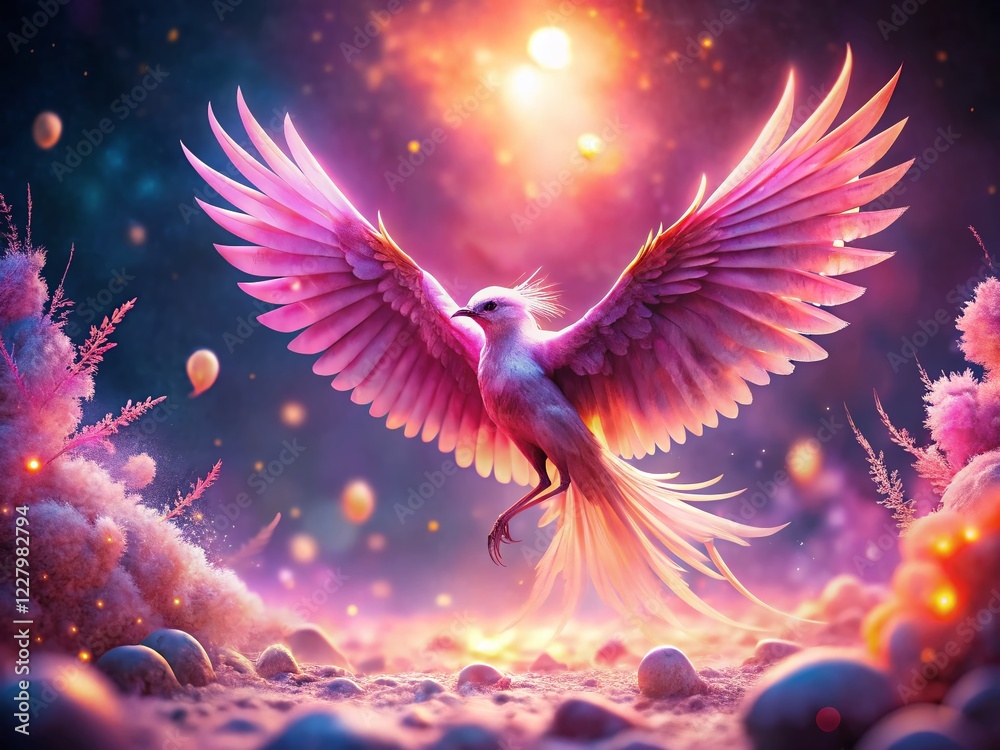 Luminous Pink Bird in Surreal Dreamscape: Magical Avian Fantasy