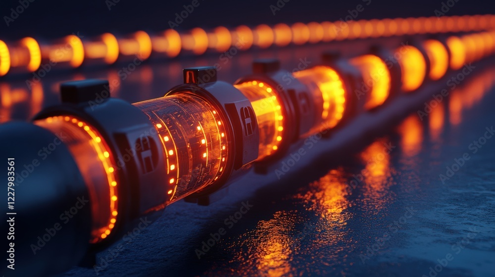 A long line of pipes with glowing lights on them A long line of pipes with glowing lights on them