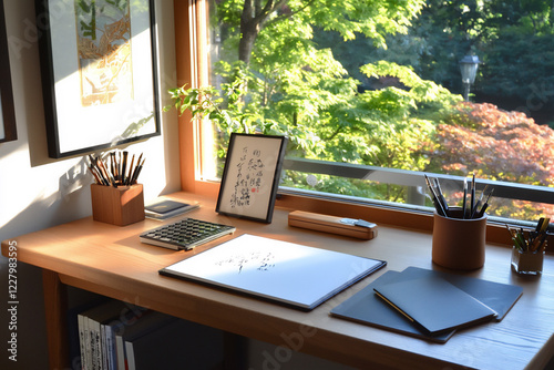 P A stylish home office with traditional Japa photo