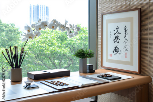 P A stylish home office with traditional Japa photo