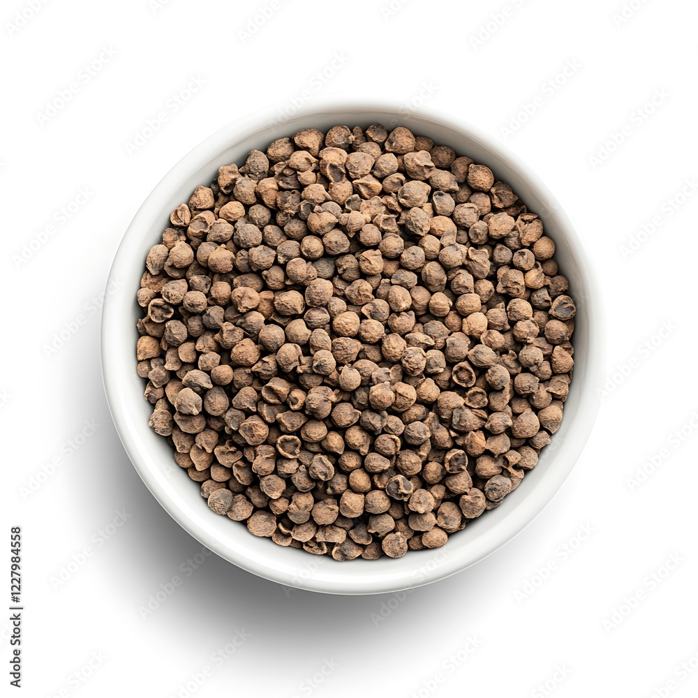 Dry allspice pepper seeds in a white bowl, isolated on a white background.