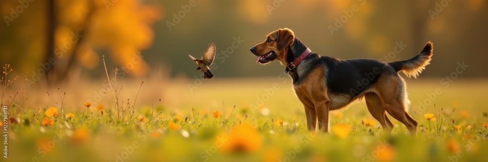 Hungarian hound pointing at bird in autumn meadow, hound, fall, nature Hungarian hound pointing at bird in autumn meadow, hound, fall, nature