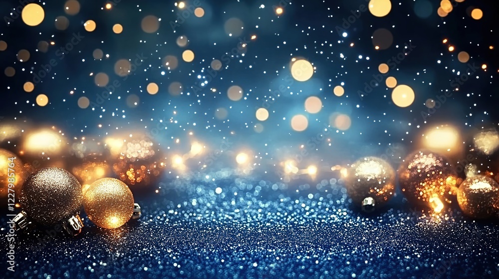Obraz premium A dark blue background with golden lights and glitter, creating an enchanting atmosphere for the New Year's celebration.