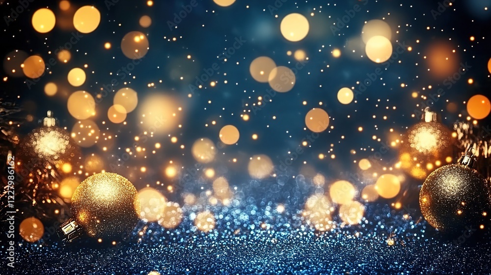 Obraz premium A dark blue background with golden lights and glitter, creating an enchanting atmosphere for the New Year's celebration.
