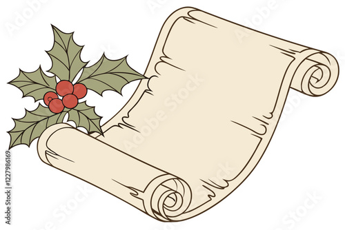 vintage parchment scroll, blank aged paper, Christmas holly decoration, red berries, green leaves, curled edges, antique document, festive holiday design, weathered texture, sepia tones, white backgro