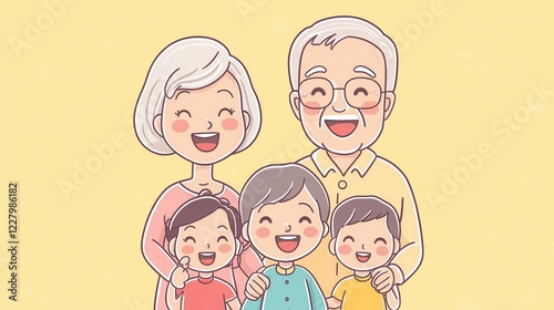 Cute grandparents with grandchildren, warm smiles, kawaii simple line