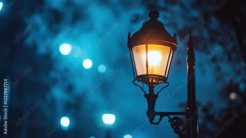 A street lamp is lit up in the night sky A street lamp is lit up in the night sky