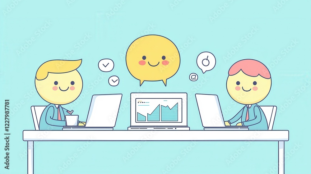 Online business meeting, kawaii professionals discussing charts on laptops, Online business meeting, kawaii professionals discussing charts on laptops,