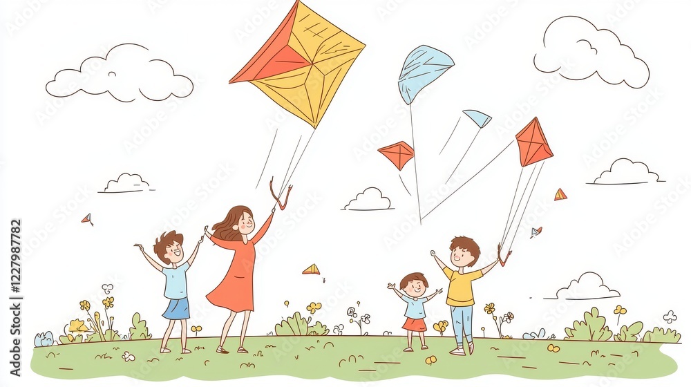 Naklejka premium Parents and children flying kites, fun outdoor activity, kawaii simple line