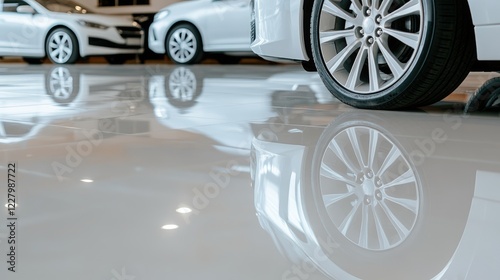 New tires are stacked in a contemporary garage with a sporty vehicle and ambient lights creating an atmospheric backdrop