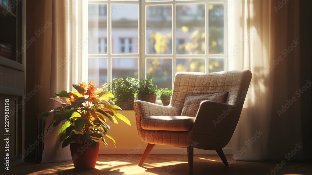 A cozy living room with a large window, comfortable armchair, and potted plants. A cozy living room with a large window, comfortable armchair, and potted plants.