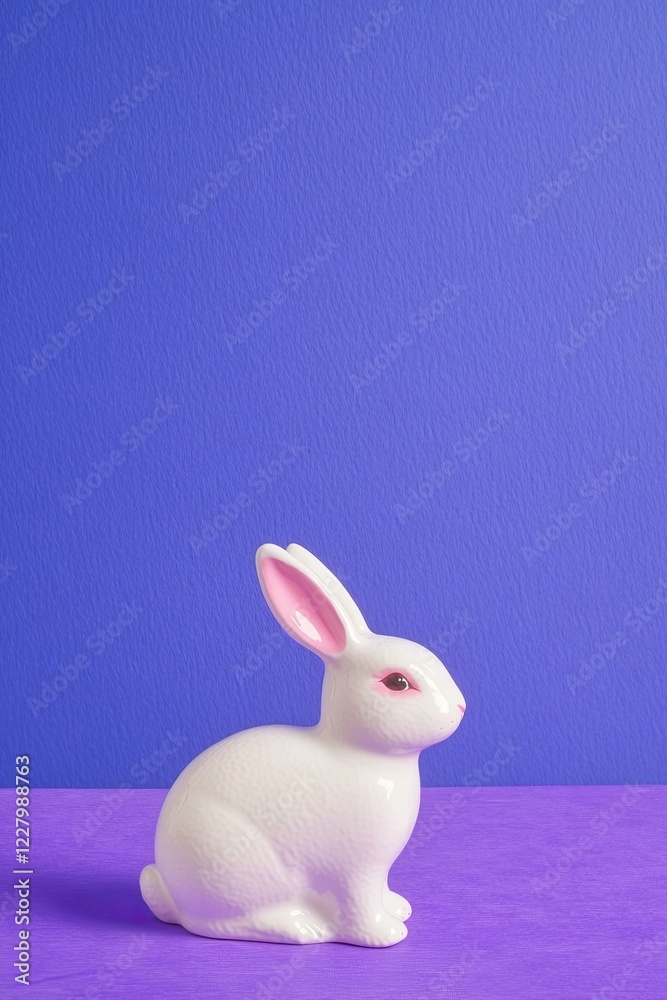 Obraz premium ceramic bunny figurine painted white with pink accents placed on vibrant purple tablecloth