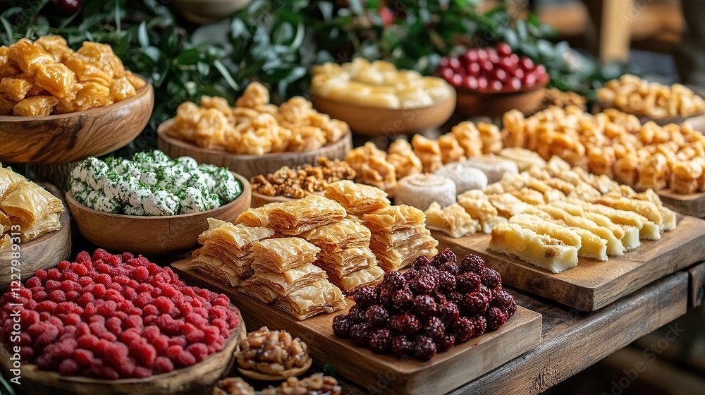 Table Display of Baklava, Nuts, and Fruit at Indoor Event Table Display of Baklava, Nuts, and Fruit at Indoor Event