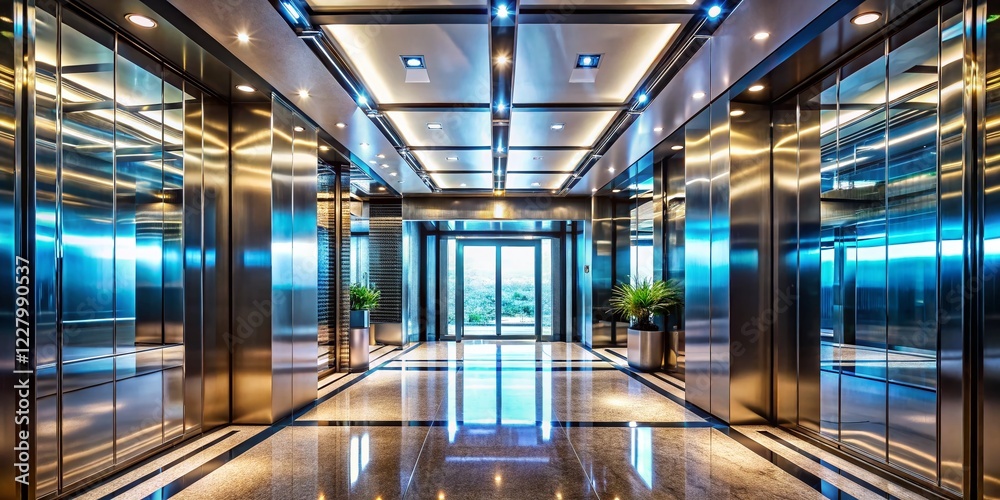 Fototapeta premium Luxurious Modern Elevator Interior: Drone Photography, Sleek Design, High-Rise Building, Glass Walls, Polished Metal
