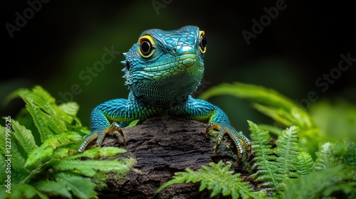 Vibrant Blue Lizard on Log in Lush Rainforest photo